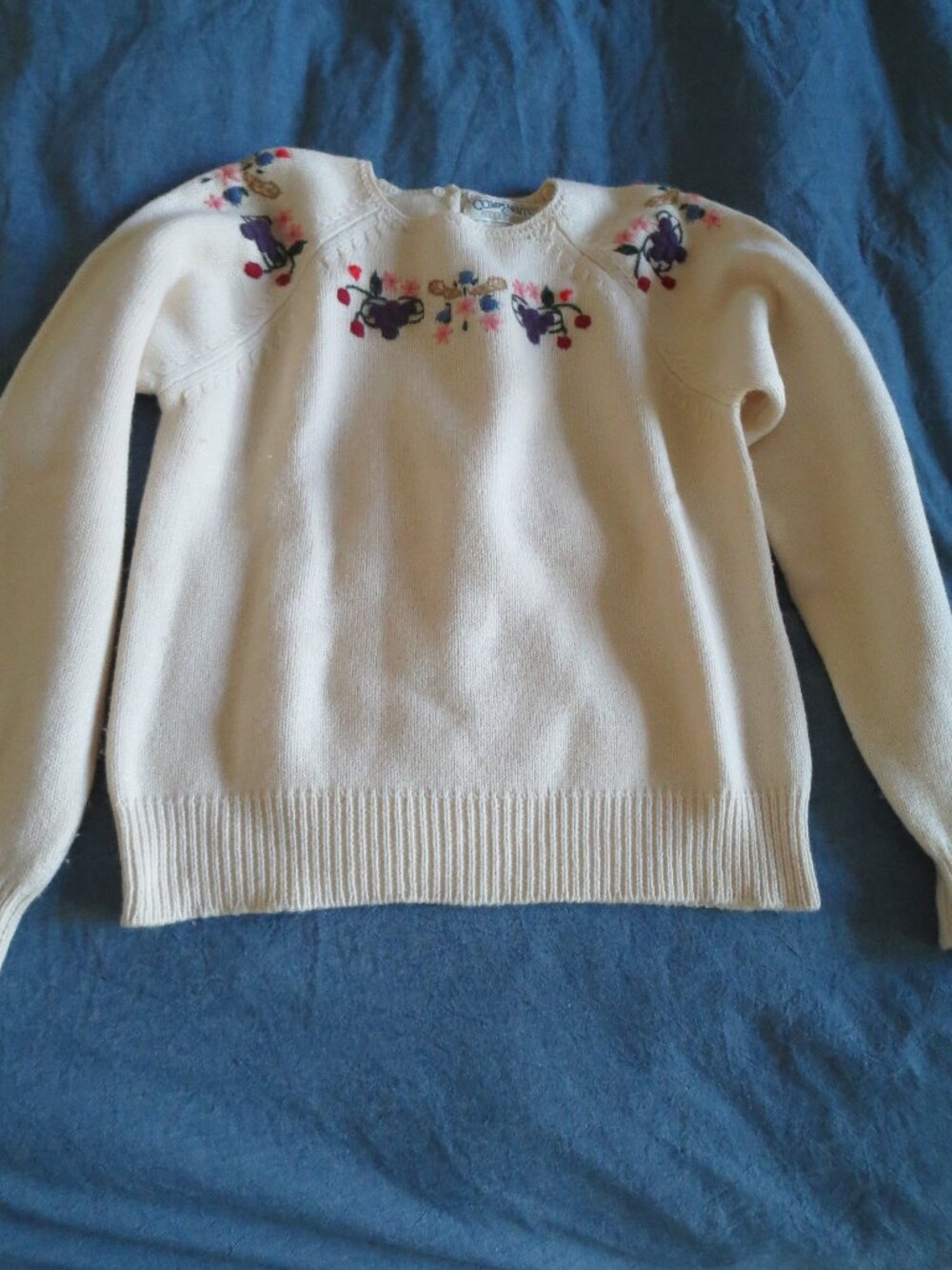 SUSAN BRISTOL 50% Wool-50% Cotton Cream Hand Embroidered Sweater EU 36 US Small